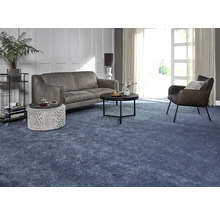 Wohnzimmer mit Sofa, Sessel, Couchtisch und blauem Teppich