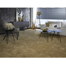 Wohnzimmer mit Teppichboden, Sofa, Sessel und Couchtischen.