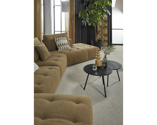 Wohnzimmer mit modularem Sofa, Couchtischen und Zimmerpflanze