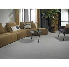 Wohnzimmer mit großem Sofa, Sessel, Tisch und Teppich