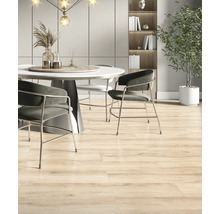 Esszimmer mit Esstisch, Stühlen und Holzbodenfliesen