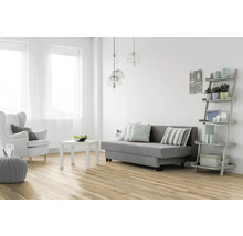 Helles Wohnzimmer mit Sofa, Sessel, Tisch und Regal