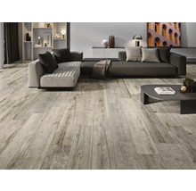 Wohnzimmer mit Holzbodenfliesen, Sofa und Couchtisch