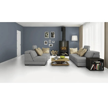 Helles Wohnzimmer mit grauen Sofas, Kamin und Holz