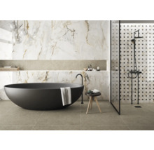 Modernes Badezimmer mit freistehender Badewanne, Dusche und Fliesen in Marmoroptik
