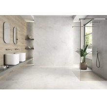 Helles Badezimmer mit Doppelwaschbecken, Dusche und Regalen