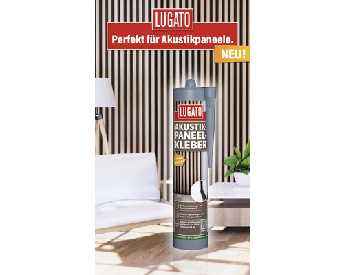 Produktbild 2 (groß) Lugato Akustikpaneelkleber Kartusche vor Akustikpaneelen