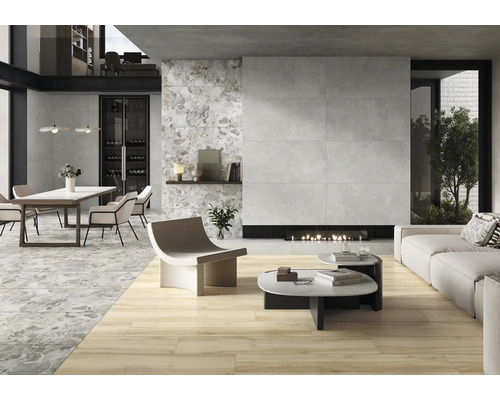 Produktbild 10 (groß) Modernes Wohnzimmer mit Fliesenboden, Esstisch und Kamin