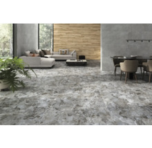 Innenraum mit Bodenfliesen in Steinoptik, Sofa, Esstisch und Pflanze