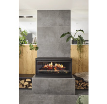 Wohnzimmer mit modernem Kamin, Holzscheiten und Zimmerpflanzen