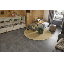 Wohnzimmer mit Regalsystem, Sofa, Teppich und grauem Fliesenboden.