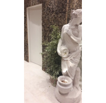 Dekorative Szene mit einer weiblichen Statue, Zimmerpflanze und einer Wand mit Baumrinde