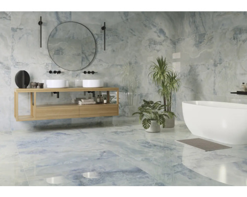 Feinsteinzeug Wand- und Bodenfliese Sheffield blue poliert und rektifiziert 59 x 119 x 1 cm