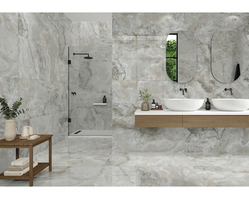 Feinsteinzeug Wand- und Bodenfliese Sheffield grey poliert und rektifiziert 59 x 119 x 1 cm