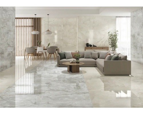 Feinsteinzeug Wand- und Bodenfliese Sheffield ivory poliert und rektifiziert 59 x 119 x 1 cm