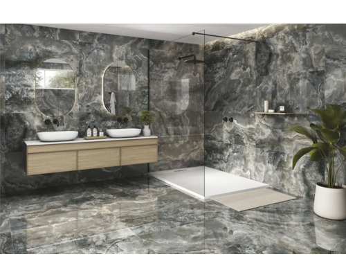 Feinsteinzeug Wand- und Bodenfliese Sheffield black poliert und rektifiziert 59 x 119 x 1 cm