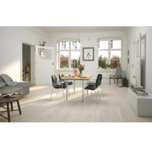 Helles Wohnzimmer mit Esstisch, Stühlen und Sofa