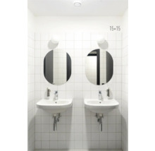 Badezimmer mit zwei Waschbecken, runden Spiegeln und weißen Fliesen