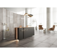 Heller Empfangsbereich mit Rezeptionstisch, Stühlen und dekorativen Elementen.