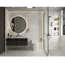 Badezimmer mit runder Spiegel, Waschtisch und Dusche