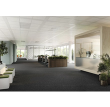 Helles Büro mit abgehängter Decke, Teppichboden und Büromöbeln