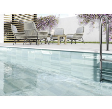 Szene mit einem Schwimmbecken, umgeben von Gartenmöbeln auf einer Terrasse