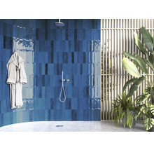 Helles Badezimmer mit blauen Fliesen, Dusche, Bademantel und Pflanzen