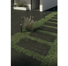 Gehwegplatten aus Stein bilden einen Pfad durch einen Garten, beleuchtet von Gartenleuchten.