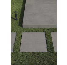 Szene mit grauen Terrassenplatten und Rasenflächen, ergänzt durch eine Außenleuchte.