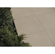 Verlegte Terrassenplatten neben Bepflanzung im Aussenbereich.