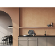 Helle Küche mit Fliesenspiegel, Unterschränken und Regalen für Küchenzubehör