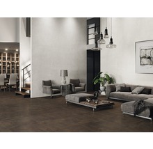 Großzügiger Wohnraum mit braunen Bodenfliesen und hellen Wandfliesen, ausgestattet mit grauen Möbeln.