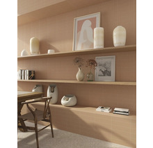 Wohnraum mit Regalen, Dekoration und Holztisch