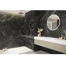 Modernes Badezimmer mit Dusche, Waschbeckenunterschrank und Spiegel