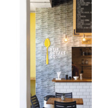 Innenaufnahme eines Cafés mit Tisch, Stühlen, Theke und Speisekarte