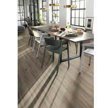 Heller Essbereich mit Holzboden, Esstisch und Stühlen.