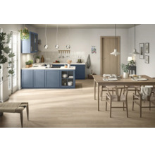 Heller, geräumiger Essbereich mit blauer Küche, Holztisch und Stühlen.