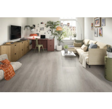 Helles Wohnzimmer mit Sofa, Schreibtisch und grauem Holzboden