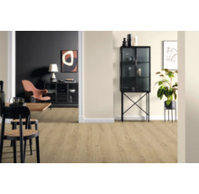 Innenraum mit hellem Laminatboden, Möbeln und Dekorationen.