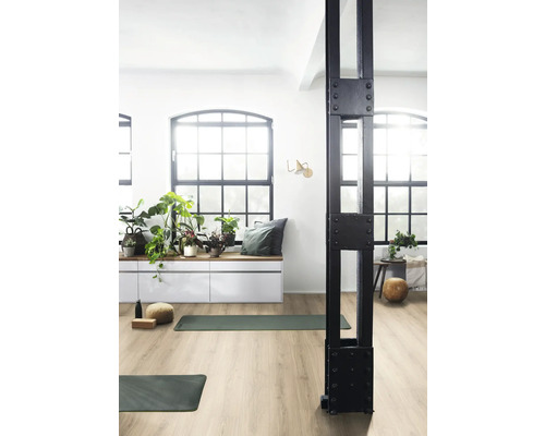Heller Raum mit Laminatboden, Fensterfront, Sitzbank mit Pflanzen und Yoga-Matten.