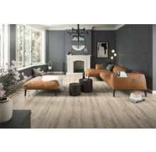 Heller Wohnraum mit Sofa, Ottomane, Couchtischen, Kamin und Holzboden