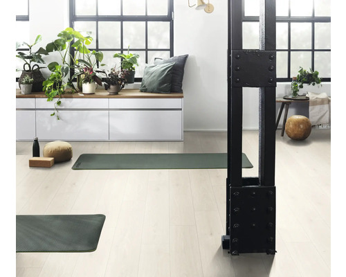 Heller Raum mit Yogamatten, Kissen, Zimmerpflanzen und Fenstern