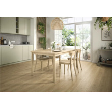 Heller Essbereich mit Holzboden, Esstisch und Stühlen in einem Haus