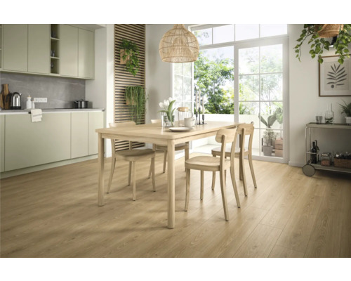 Heller Essbereich mit Holzboden, Esstisch und Stühlen in einem Haus