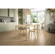 Heller Essbereich mit Holzboden, Esstisch und Stühlen.