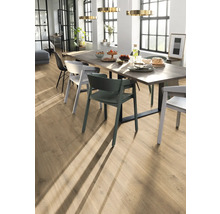 Heller Essbereich mit Esstisch und Stühlen auf Holzboden