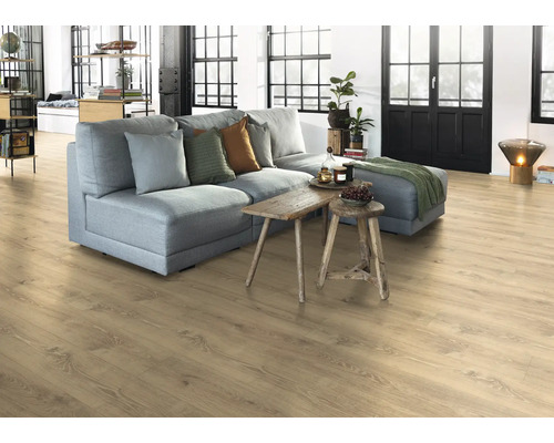 Heller Wohnraum mit Laminatboden, Sofa und Holztisch