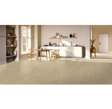 Helle Küche mit Holzboden, Esstisch und Stühlen.