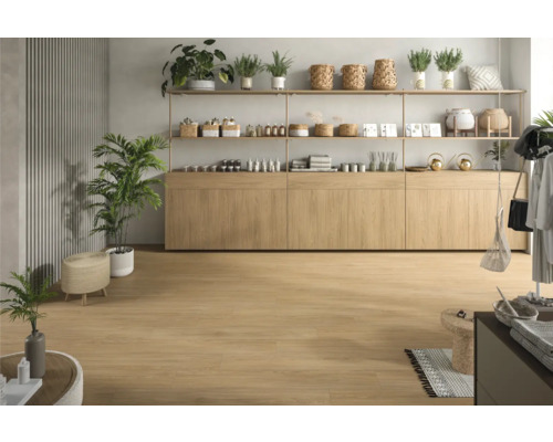 Heller Raum mit Holzfußboden, Holzregal mit Dekoration und Pflanzen