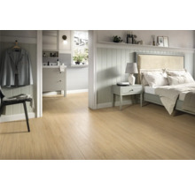 Heller Raum mit Holzboden, Bett, Bad und Stuhl